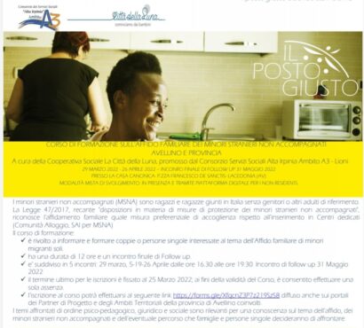 IL POSTO GIUSTO – CORSO DI FORMAZIONE SULL’ AFFIDO FAMILIARE DEI MINORI STRANIERI NON ACCOMPAGNATI a cura della Coop. Soc. “La Città della Luna”