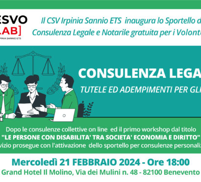 A Benevento il CSV Irpinia Sannio presenta il nuovo Sportello di consulenza legale e notarile gratuita per i volontari